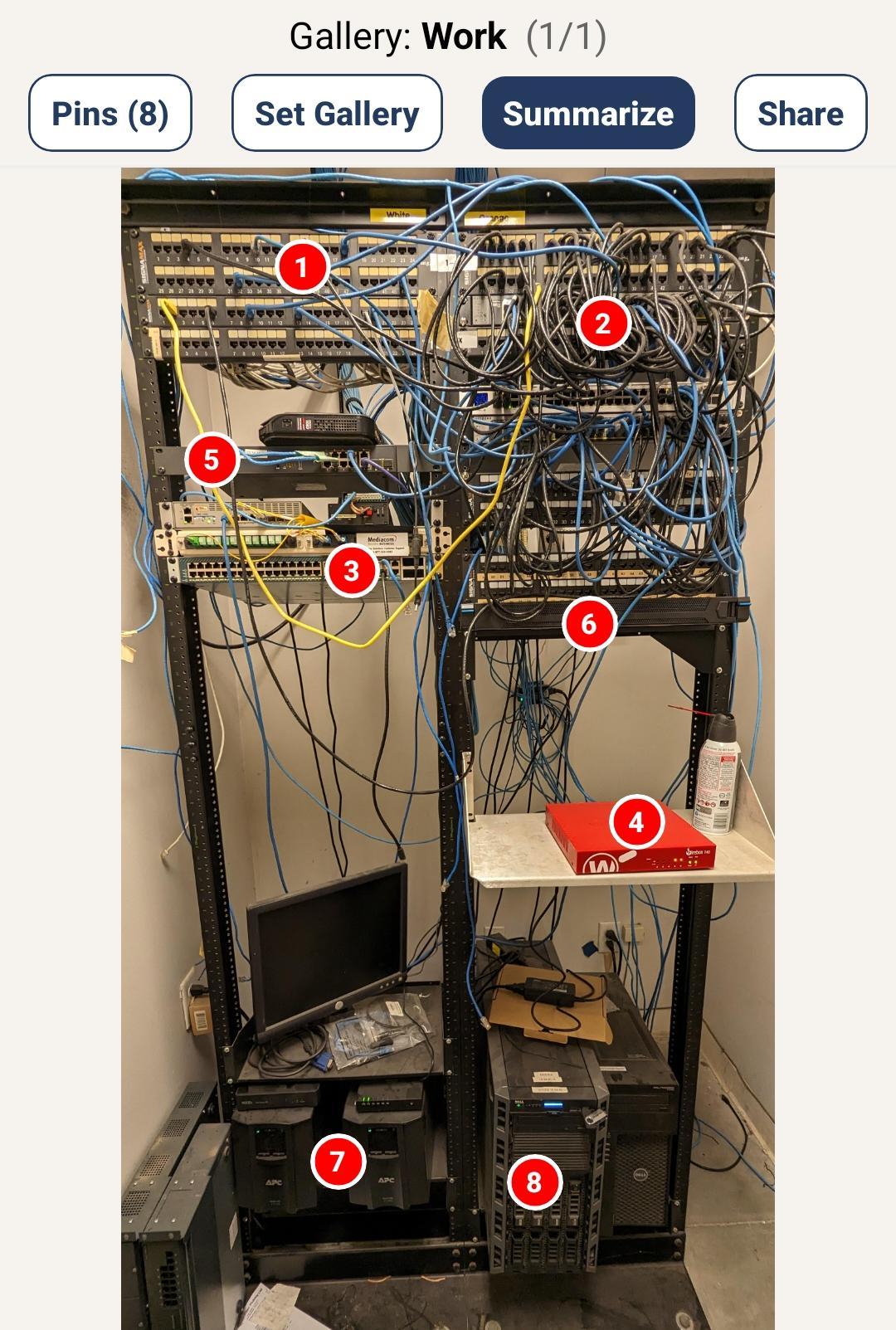 Server rack and network equipment with numbered pins